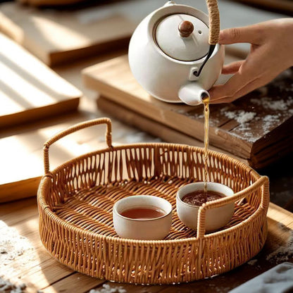 Serviertablett-Set aus geflochtenem Rattan